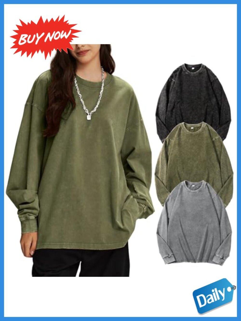 Oversized Acid Wash Cotton Long Sleeve T-Shirt Crewneck Loose Fit